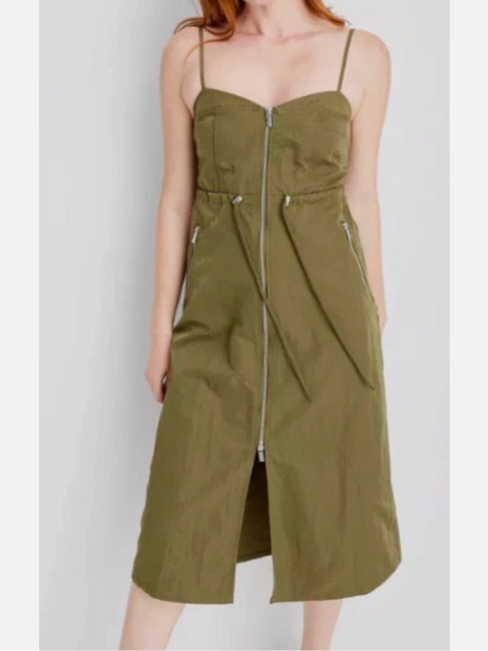 NWT Future Collective Olive  Green Nylon Zip-Front Midi Dress Size Small
